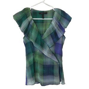 BCBGMAXAZRIA Sleeveless Top Blouse 100% Silk Size XXS Faux Wrap Green Purple